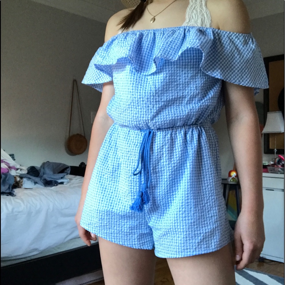 Light blue Gingham Off-the-Shoulder Jumper